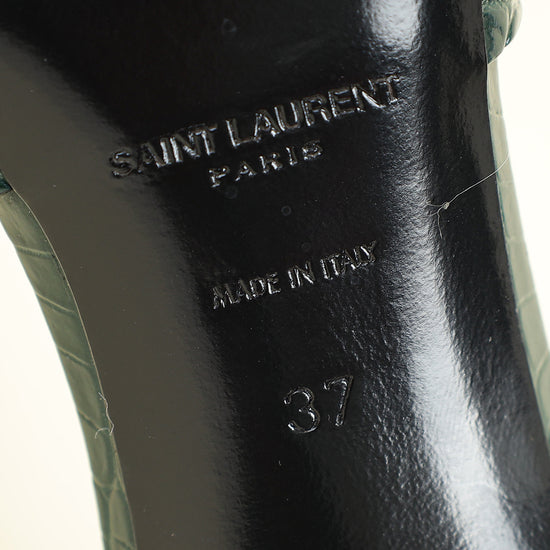 YSL Emerald Green Tribute Croco Embossed Heeled Mules 37
