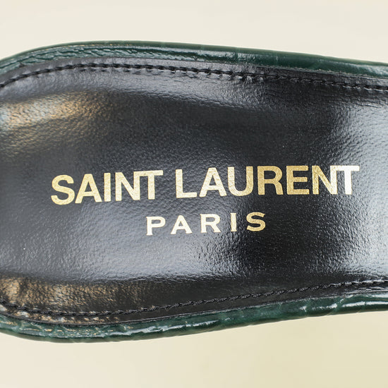 YSL Emerald Green Tribute Croco Embossed Heeled Mules 37