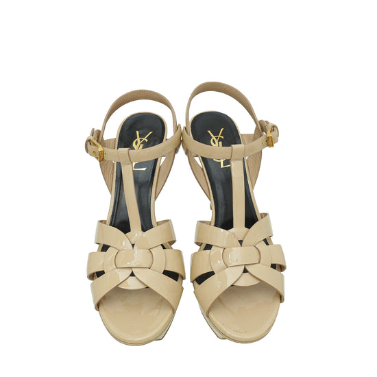 YSL Beige Mid Heel Tribute Sandal 38