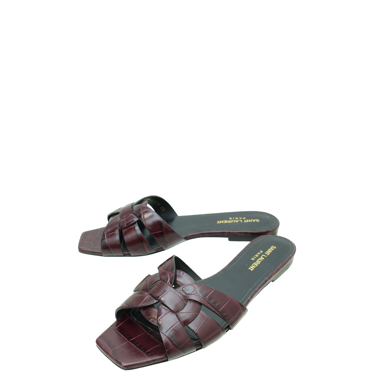YSL Burgundy Croco Embossed Tribute Flat Mules 39-YSL-THE CLOSET