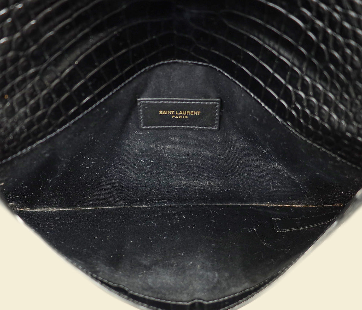 YSL Black Croco Embossed Uptown Clutch