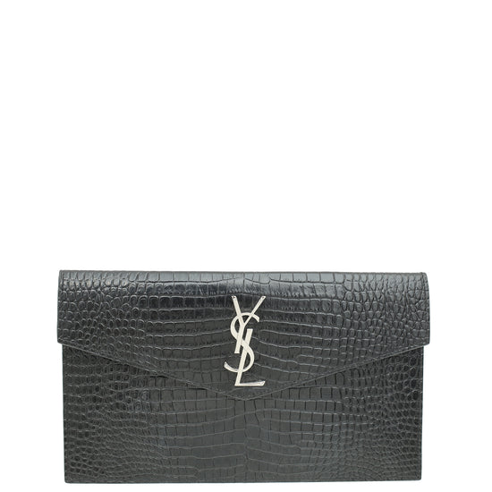 YSL Black Croco Embossed Uptown Pouch-YSL-THE CLOSET