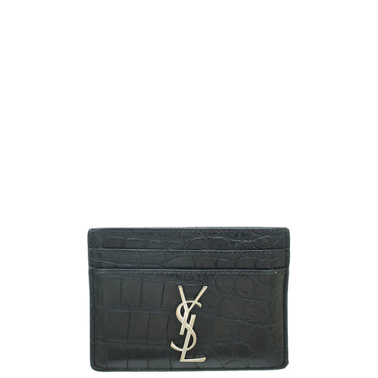 YSL Black Croco Embossed Cassandre Card Case THE CLOSET