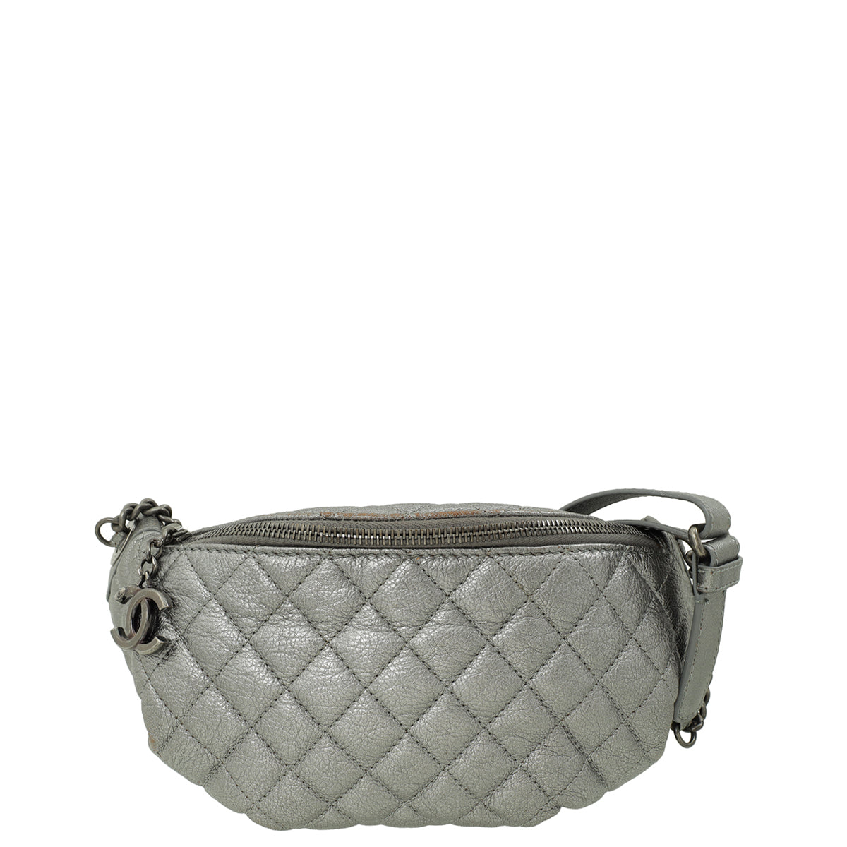 Chanel Metallic Silver Grey CC Quilted Waist Belt Bag