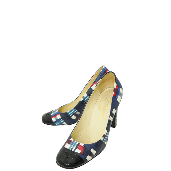 Chanel Blue Multicolor Printed Pearl on Heel Pumps 38