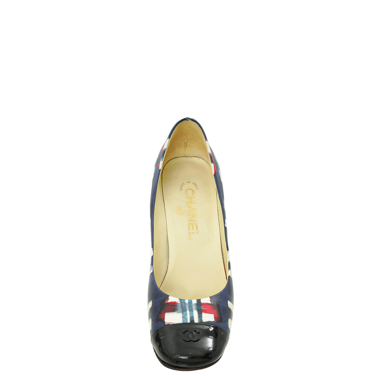 Chanel Blue Multicolor Printed Pearl on Heel Pumps 38