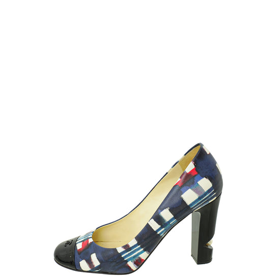 Chanel Blue Multicolor Printed Pearl on Heel Pumps 38