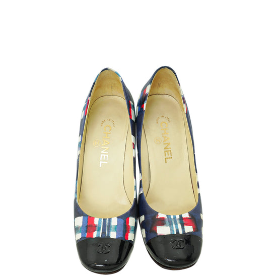 Chanel Blue Multicolor Printed Pearl on Heel Pumps 38