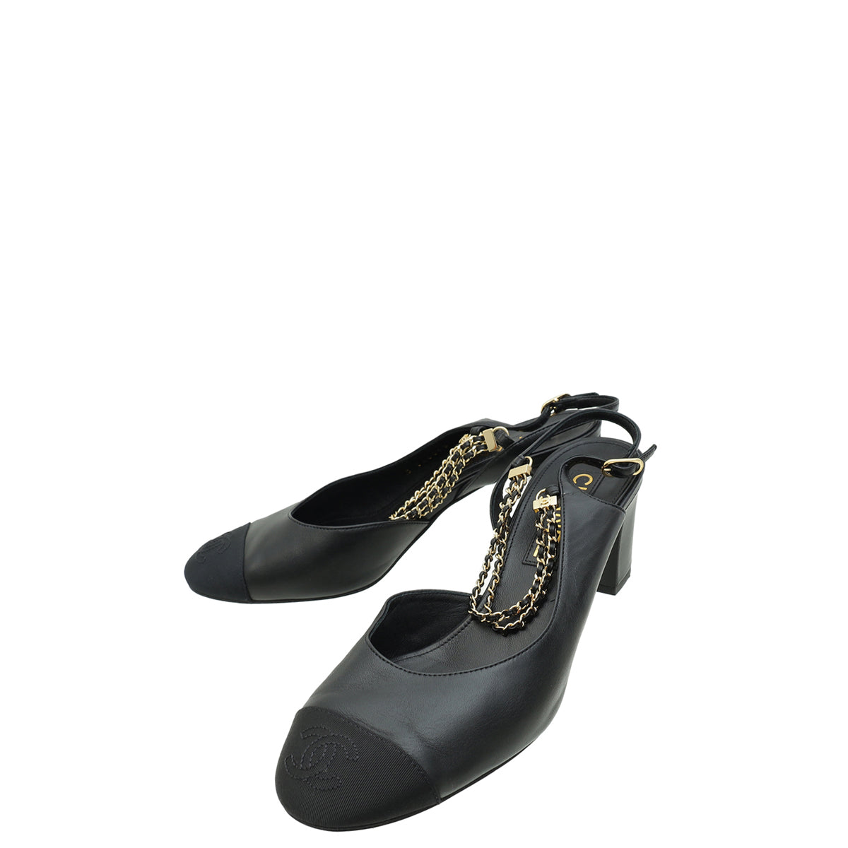 Chanel Black CC Cap Toe Chain Strap Slingback Pump 37.5-Chanel-THE CLOSET