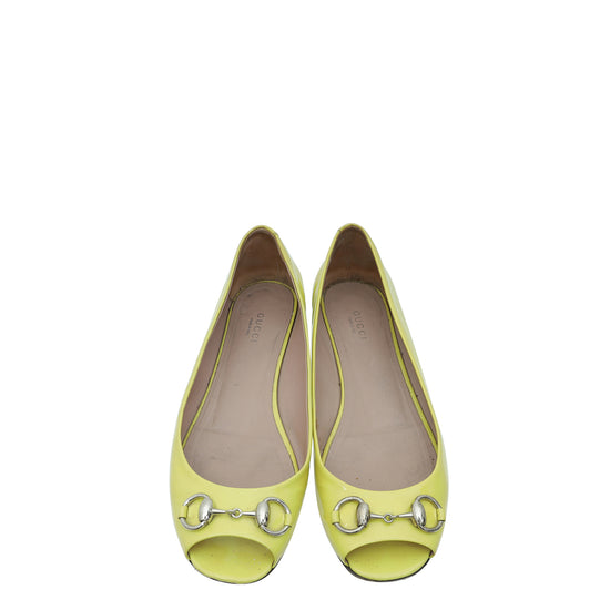 Gucci Yellow Horsebit Peep Toe Flat Ballerina 39