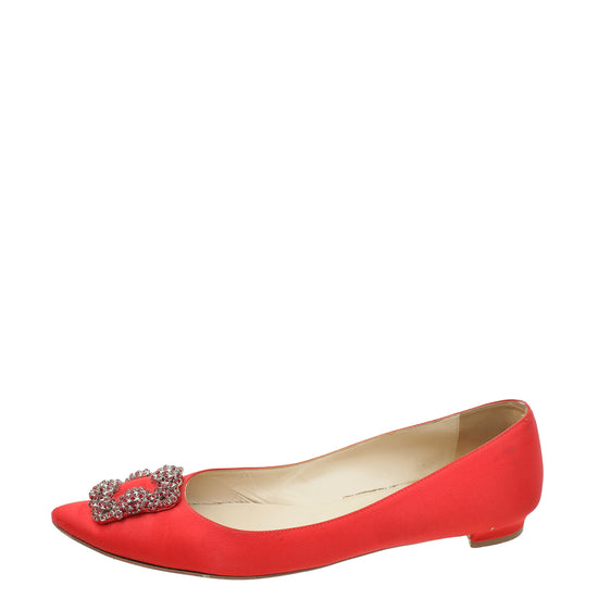 Manolo Blahnik Red Satin Hangisi Flat Ballerina 41