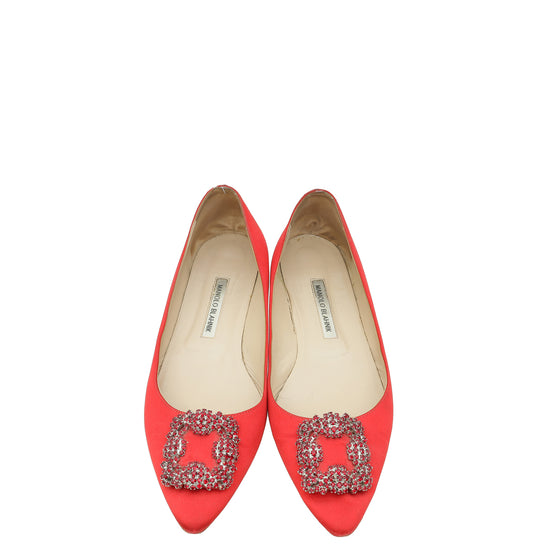 Manolo Blahnik Red Satin Hangisi Flat Ballerina 41