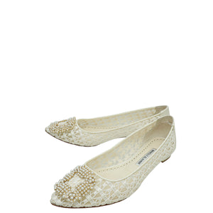 Manolo Blahnik White Hangisi Lace Ballerina Flat 39