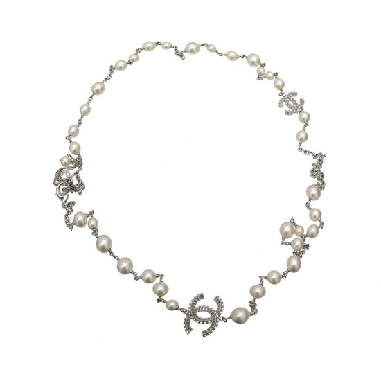 Chanel White CC Crystal Pearl Necklace