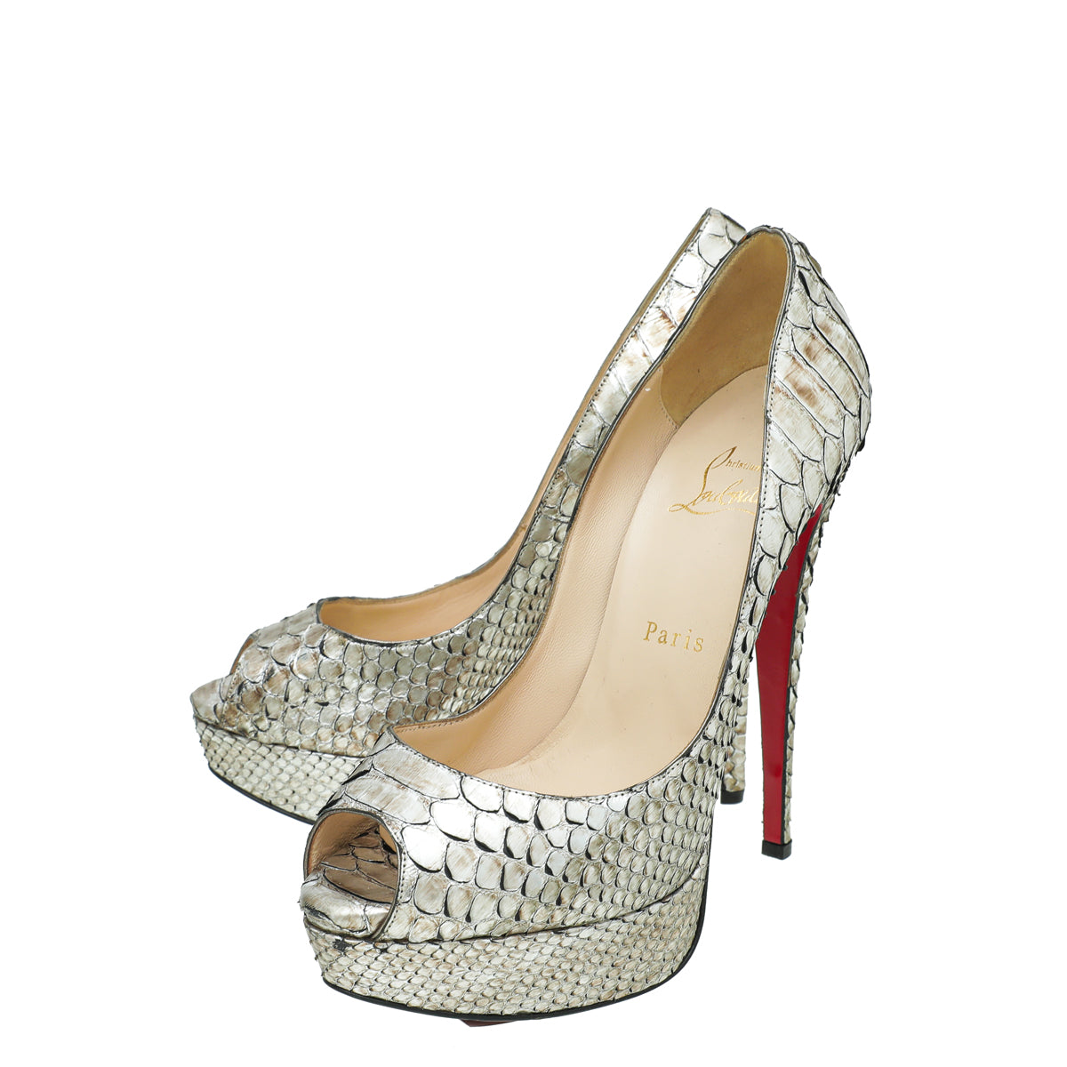 Louboutin Python Leather Christian Louboutin Metallic Silver Python Lady Peep 38.5 – THE CLOSET