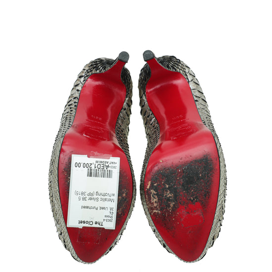 Christian Louboutin Metallic Silver Python Lady Peep 38.5