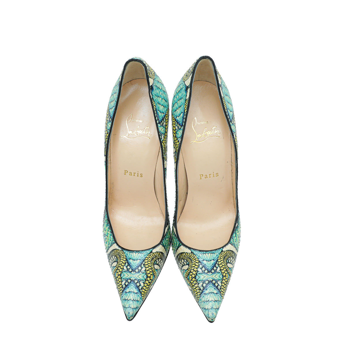 Christian Louboutin Green Multicolor Printed Python Inferno So Kate Pumps 37