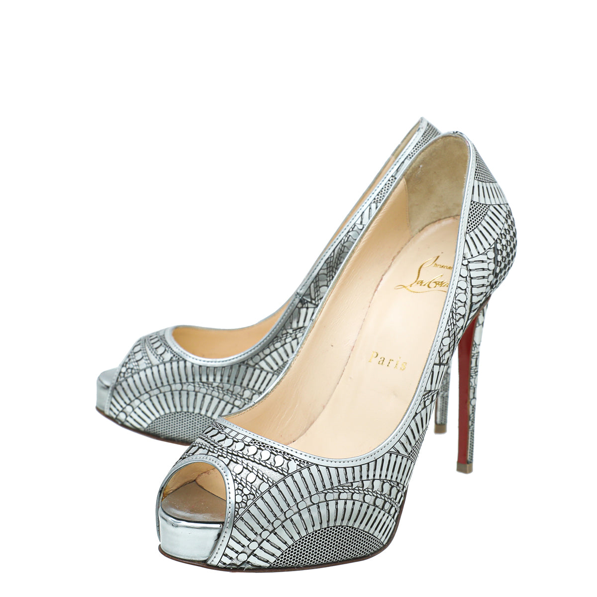Christian Louboutin Silver Suellena Peep Toe Platform Pumps 36.5-Christian Louboutin-THE CLOSET