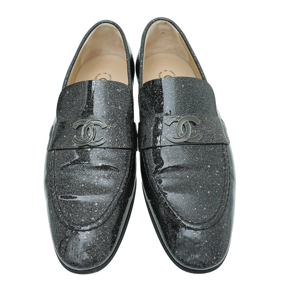 Chanel Metallic Black CC Flat Loafer 37.5