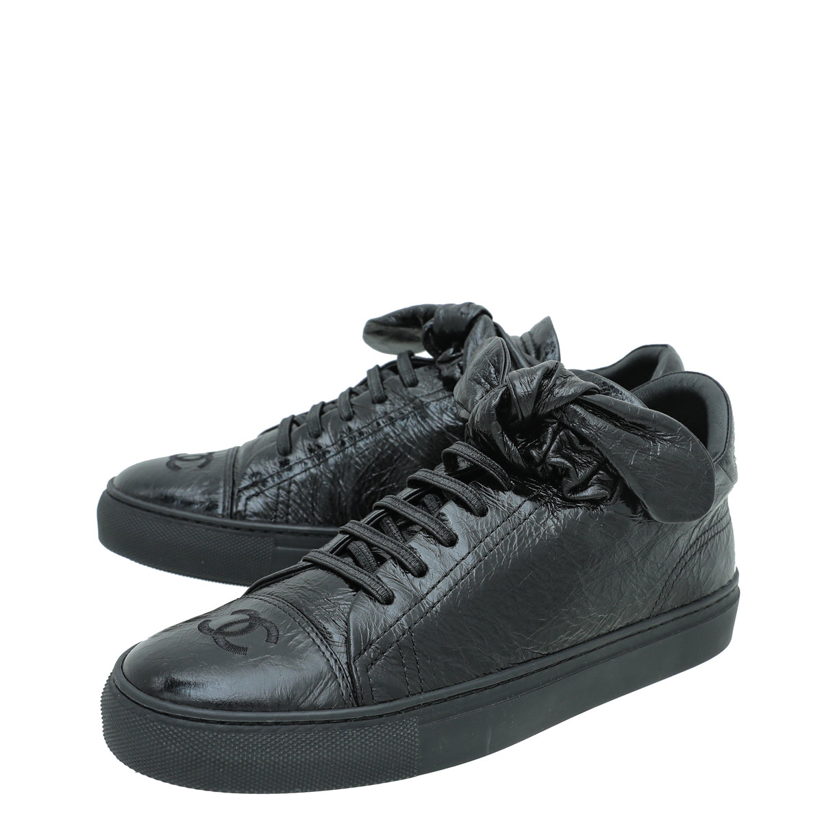 Chanel Black Crumpled CC Bow Sneakers 39.5
