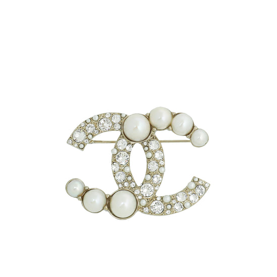 CHANEL Pearl Crystal CC Brooch Pearly White Gold 1285713
