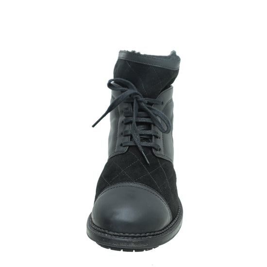 Chanel Black CC Suede Combat Boots 37.5