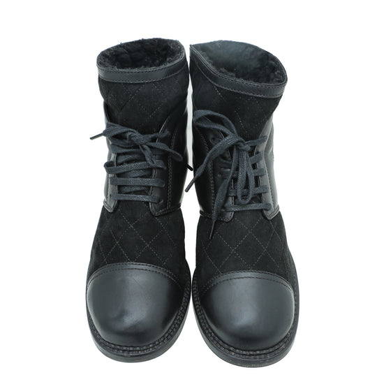 Chanel Black CC Suede Combat Boots 37.5