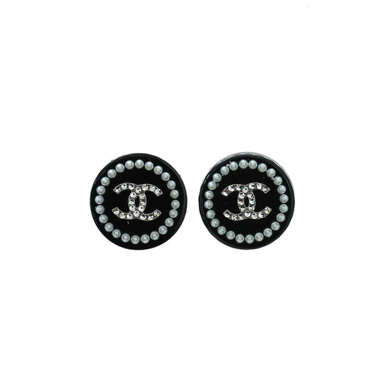 Chanel Black CC Round Enamel Earrings