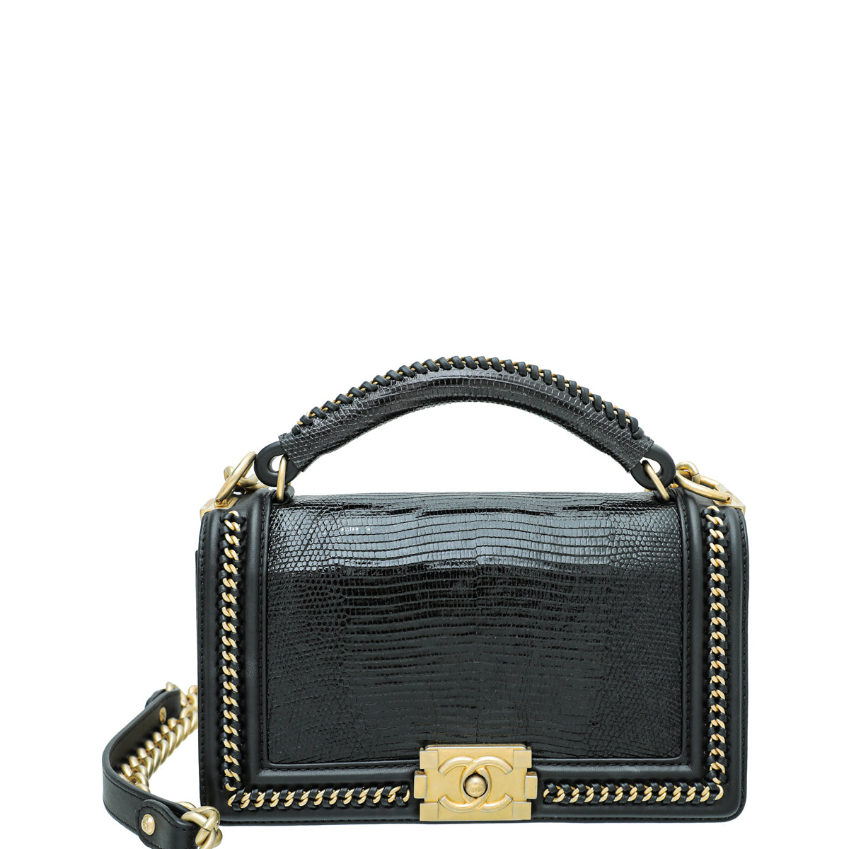 Chanel Black Le Boy Lizard Top Handle Chain Around Medium Bag-Chanel-THE CLOSET