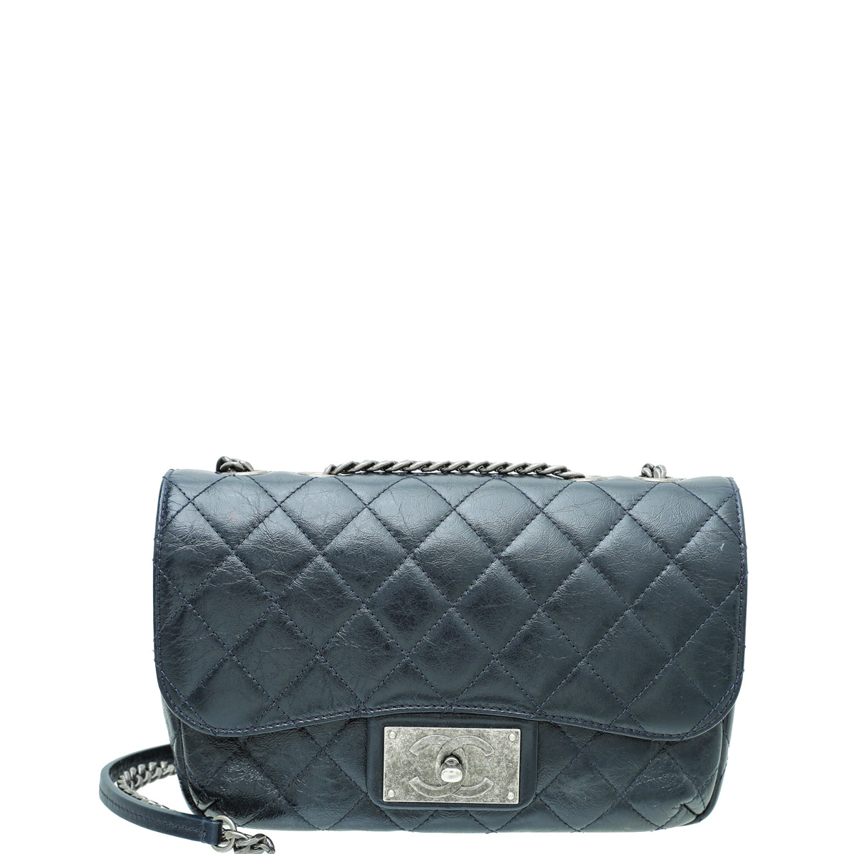 Chanel Navy Blue CC Metal Plate Glazed Flap Bag-Chanel-THE CLOSET