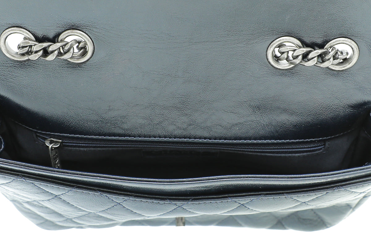 Chanel Navy Blue CC Metal Plate Glazed Flap Bag