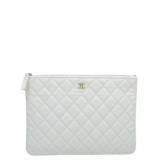 Chanel White Quilted Caviar Medium O Case Clutch Gold Hardware