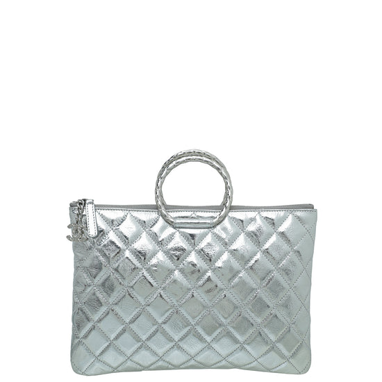 Chanel Metallic Silver Round Vanity Clutch with Chain Silver Hardware, 2020 (Like New), Womens Handbag