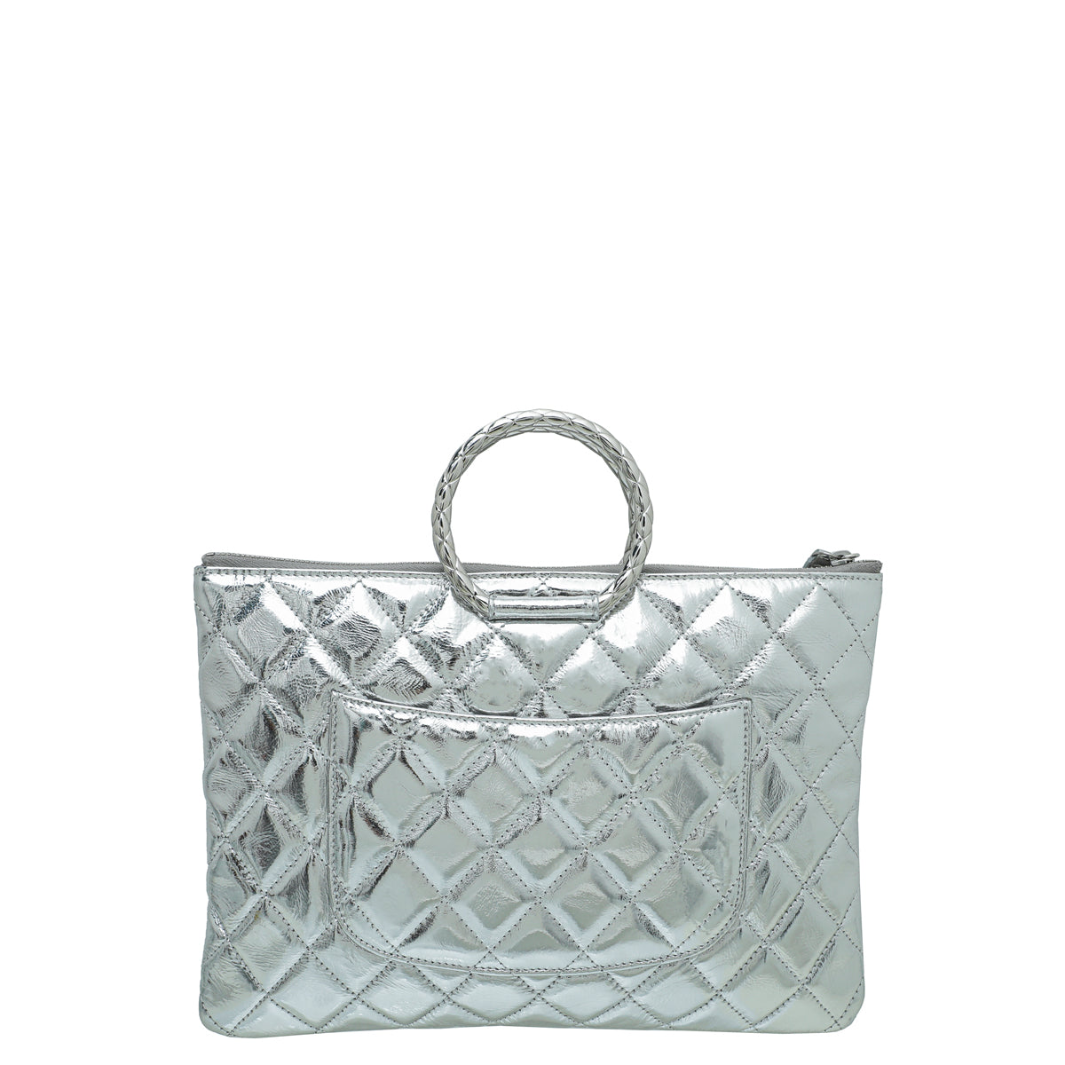 Chanel Metallic Silver Round Handle Top Handle Flat Clutch Bag-Chanel-THE CLOSET