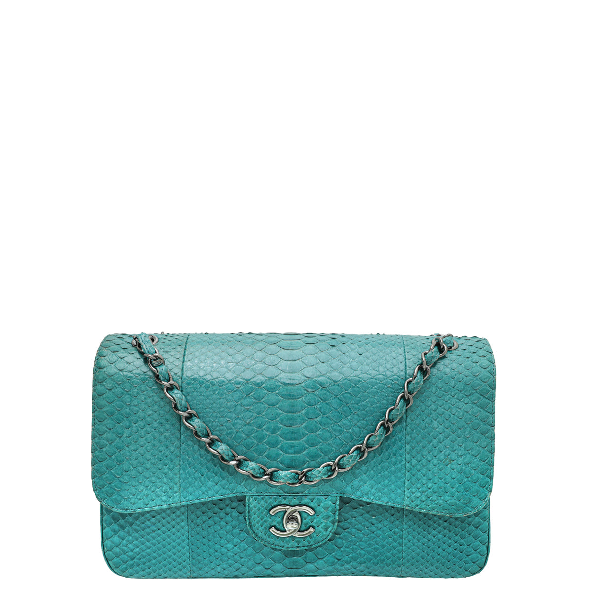 Chanel Turquoise Python Classic Double Flap Jumbo Bag-Chanel-THE CLOSET