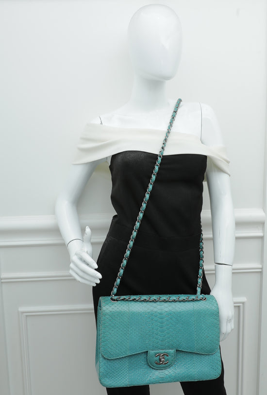 Chanel Turquoise Python Classic Double Flap Jumbo Bag