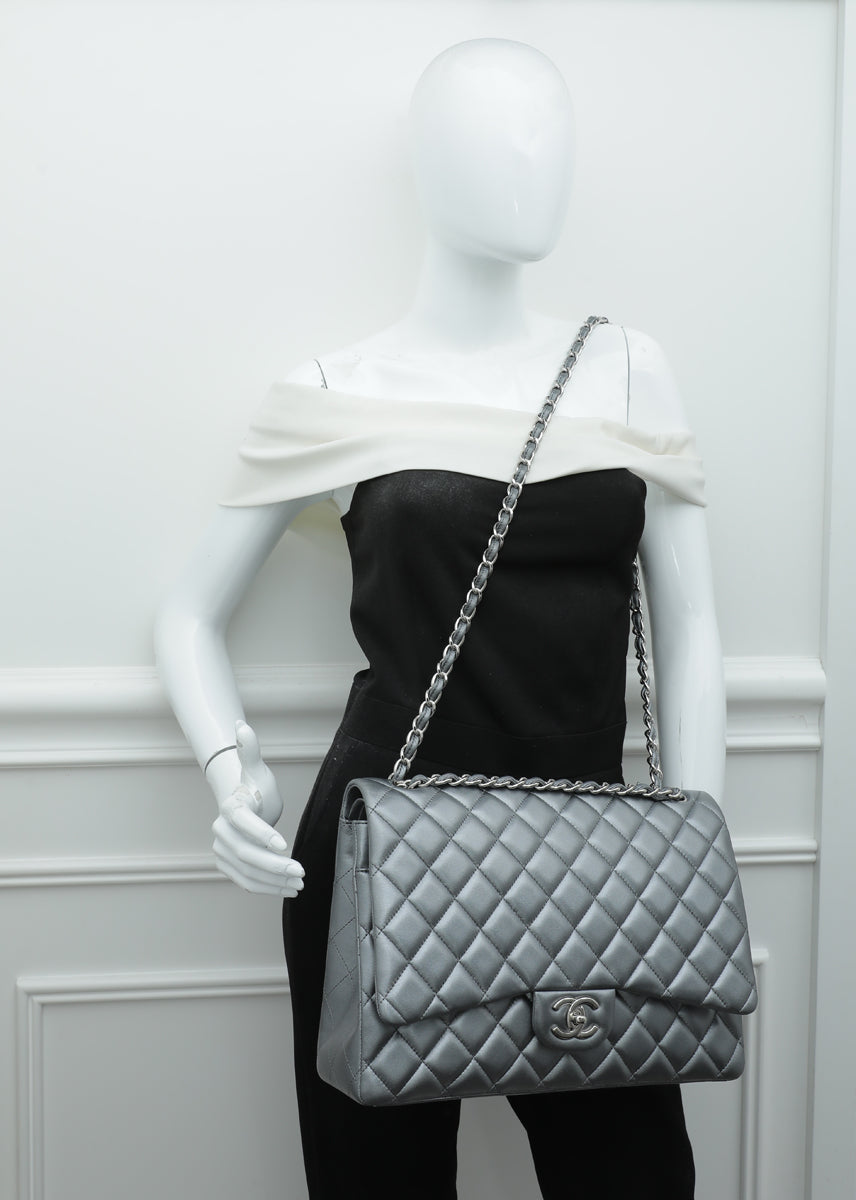 Chanel Metallic Gray Classic Double Flap Maxi Bag – The Closet