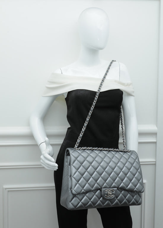 Chanel Metallic Gray Classic Double Flap Maxi Bag