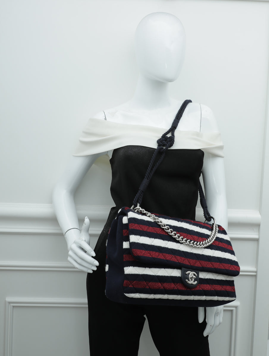 Chanel Tricolor Jersey Rope Flap Large Bag