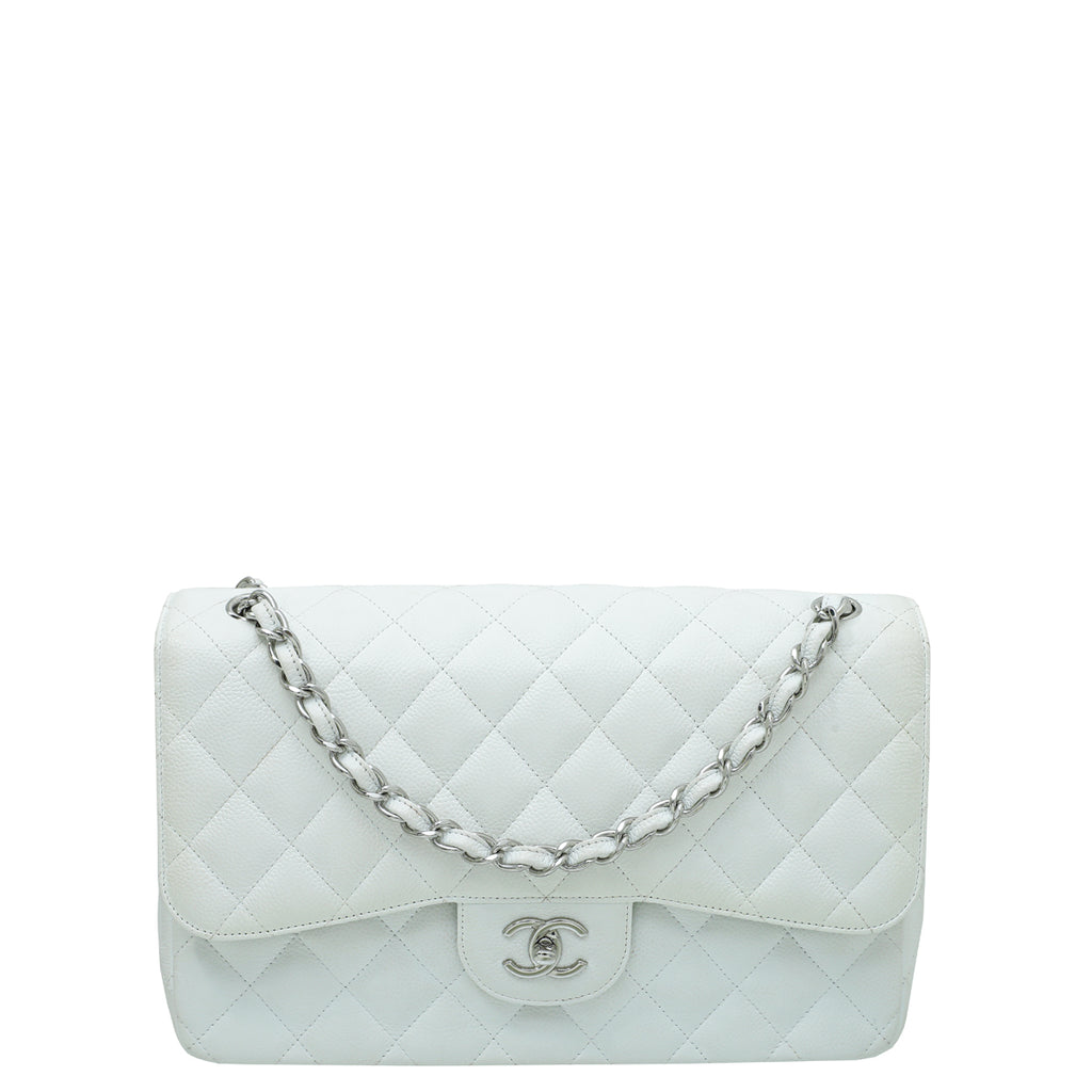 Chanel Quilted Classic Jumbo Double Flap Bag in White Caviar with
