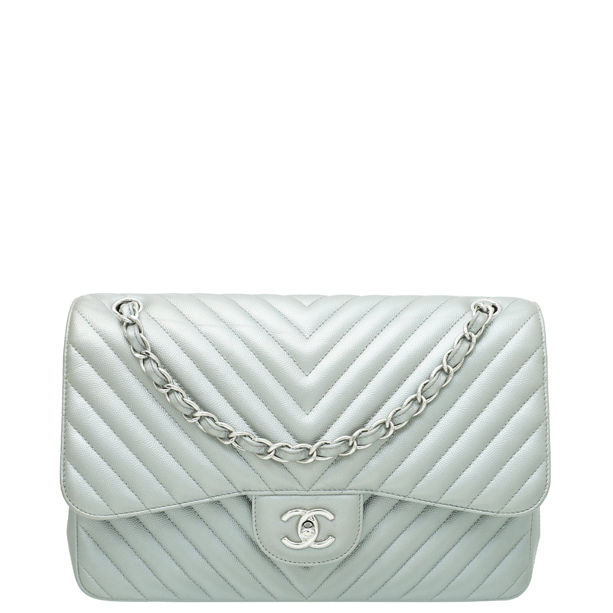 Chanel Metallic Grey Chevron Classic Double Flap Jambo Bag-Chanel-THE CLOSET