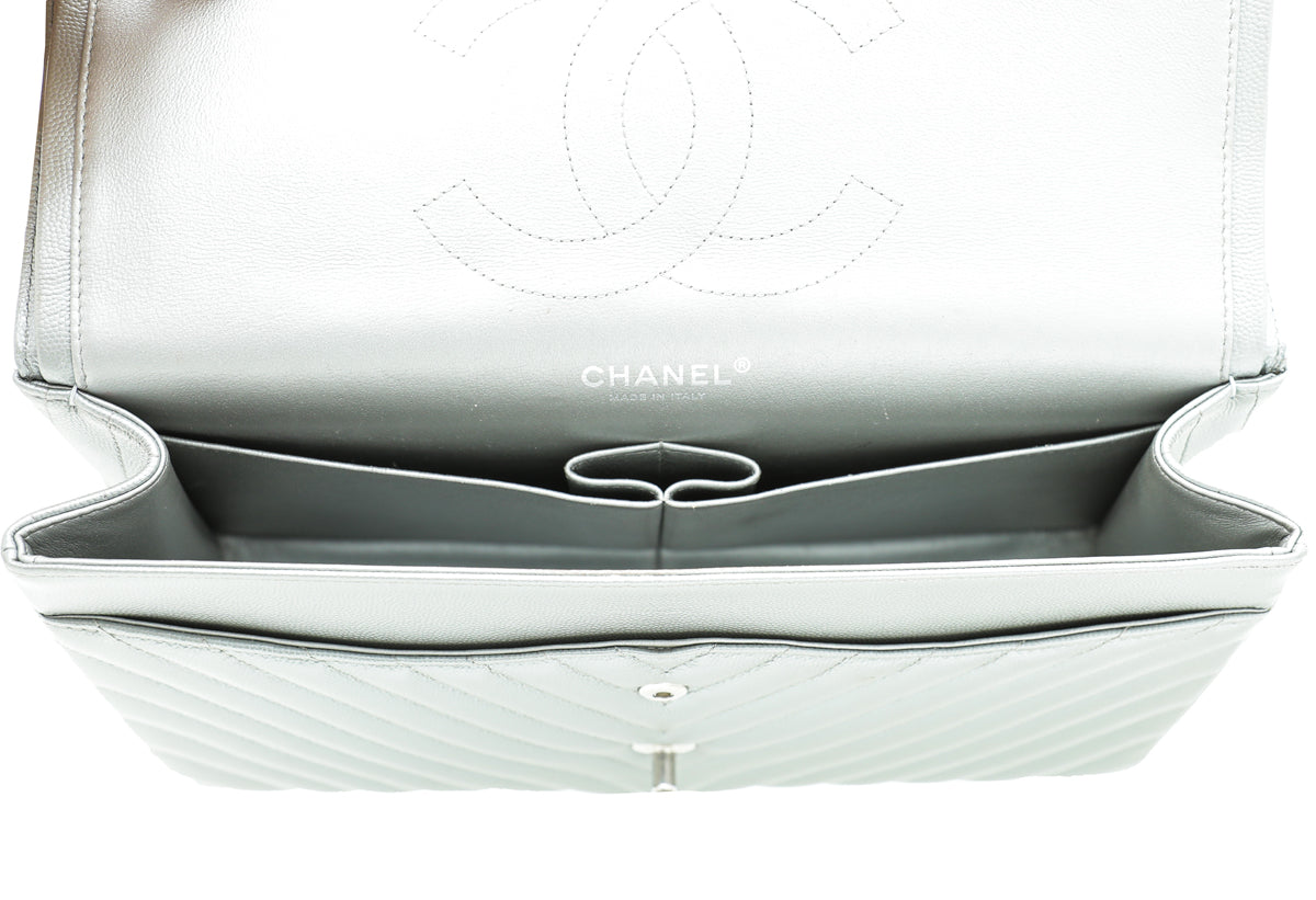 Chanel Metallic Grey Chevron Classic Double Flap Jambo Bag