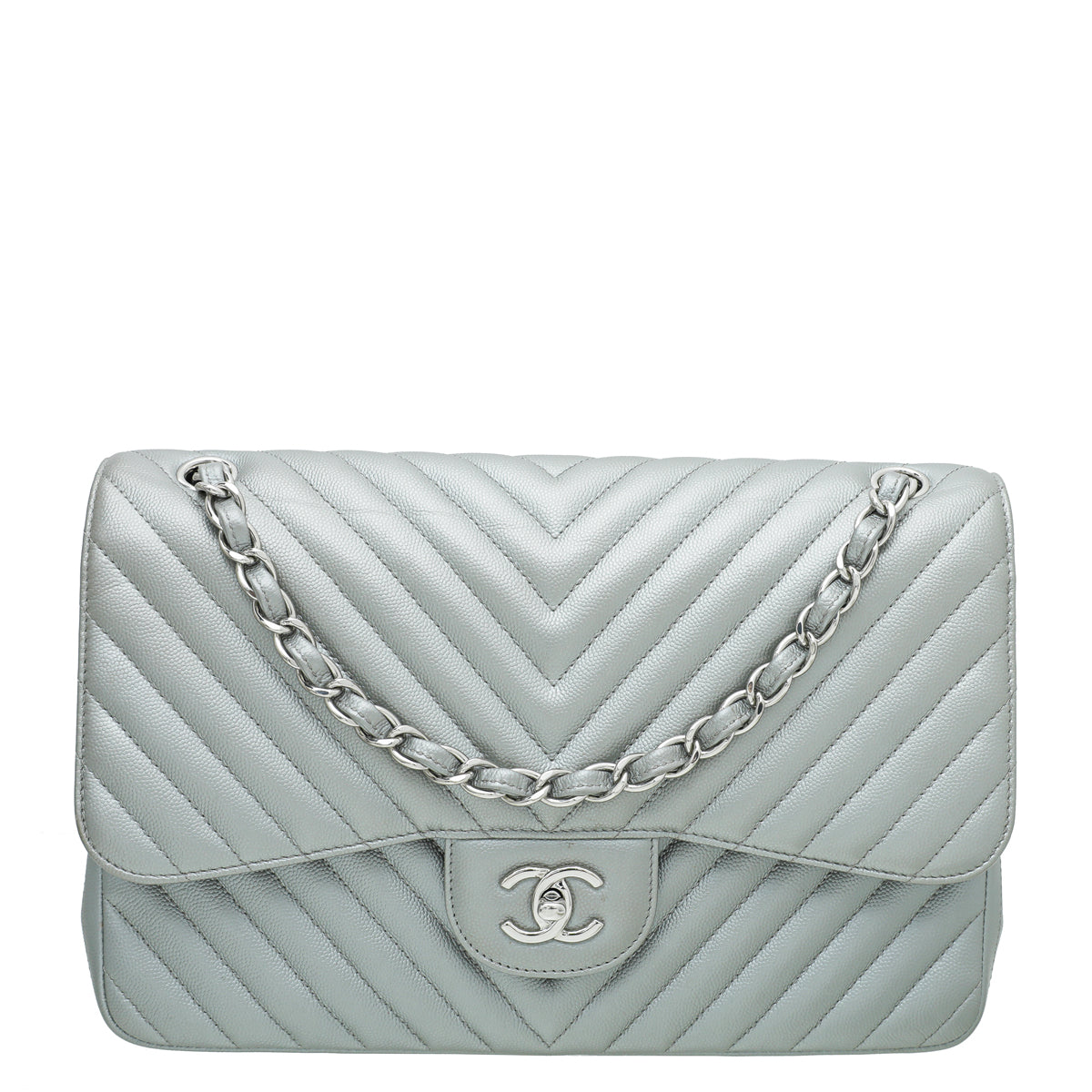 Chanel Grey CC Classic Chevron Double Flap Jumbo Bag-Chanel-THE CLOSET