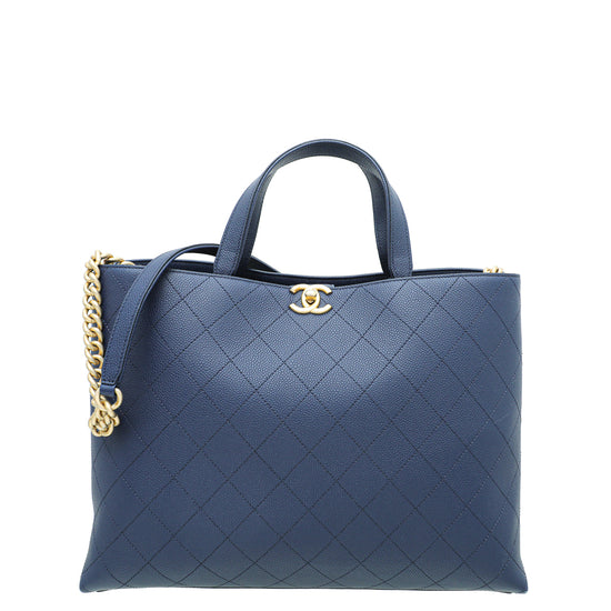 Chanel Navy Quilted Calfskin Top Handle Tote Bag Gold Hardware