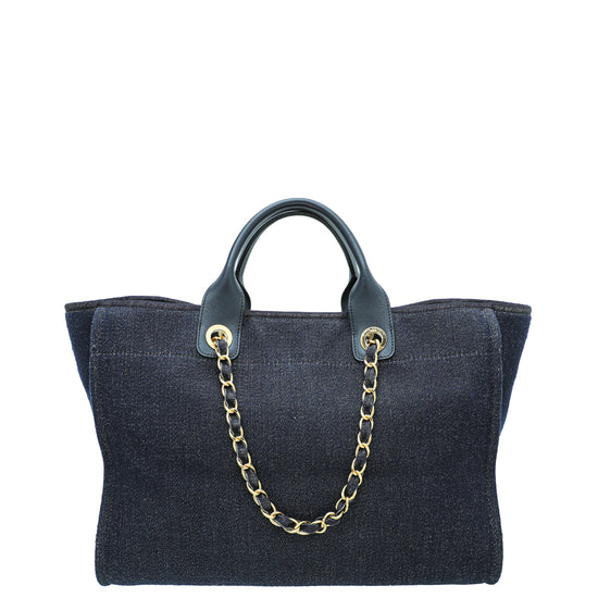 Chanel CC Navy Blue Metallic Fabric Deauville Tote Bag