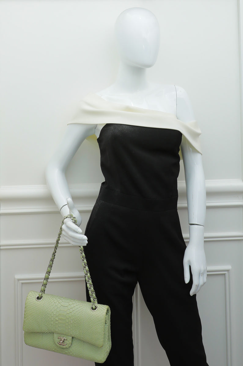 Chanel Light Green Python Classic Double Flap Medium Bag