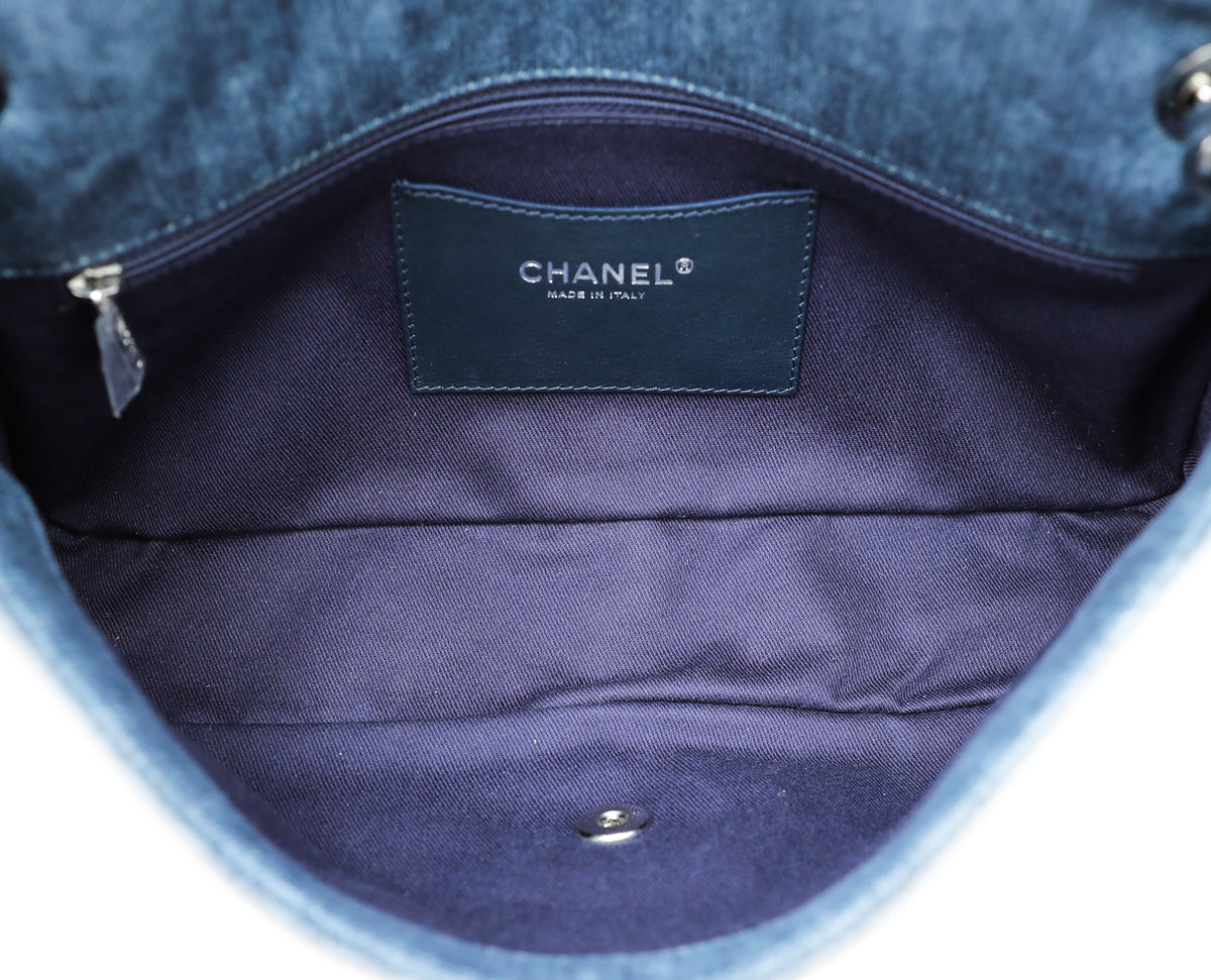 Chanel Blue Denim Camellia Embroidered Flap Bag