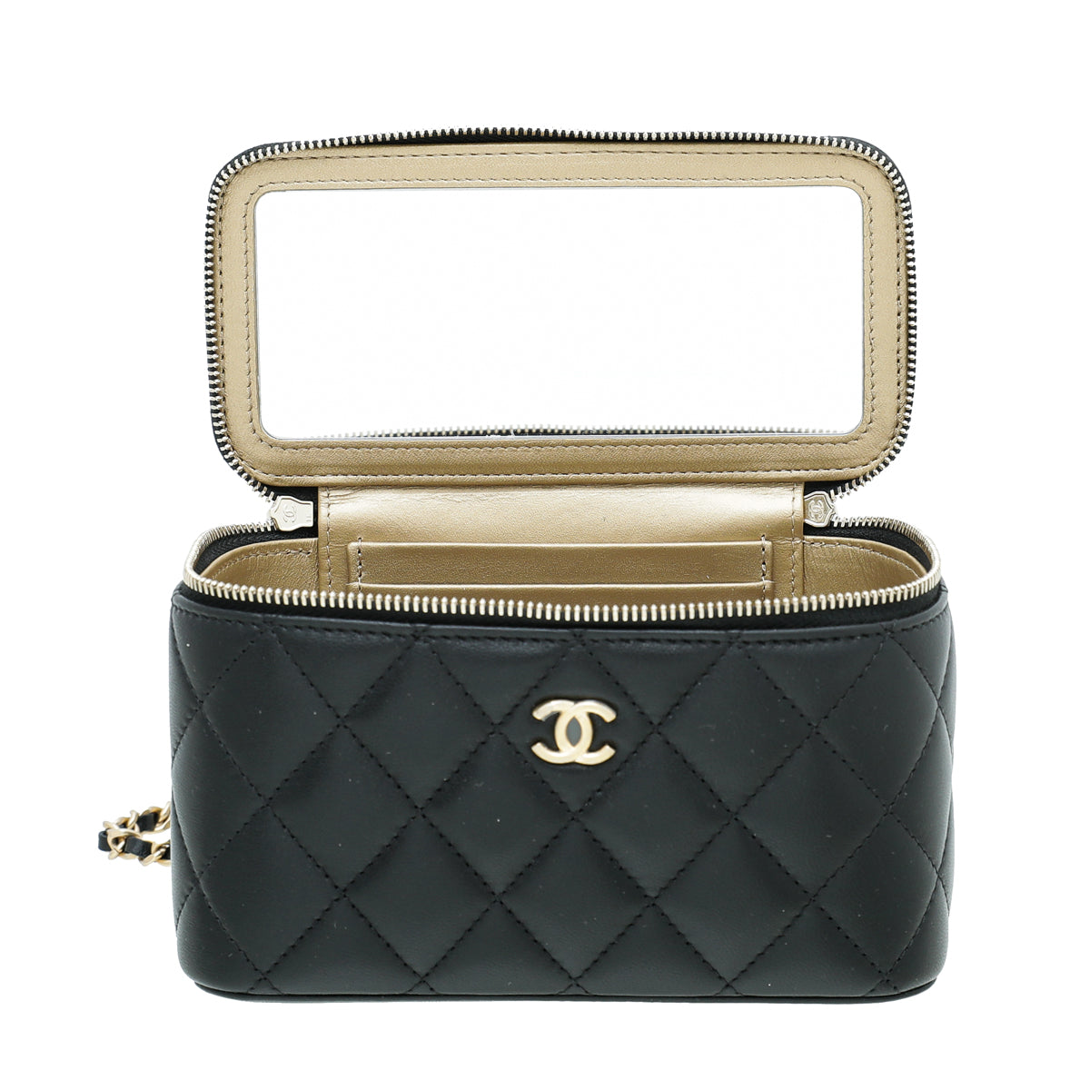 CHANEL Lambskin Camellia Embossed Small Vanity Case With Chain Black 714149