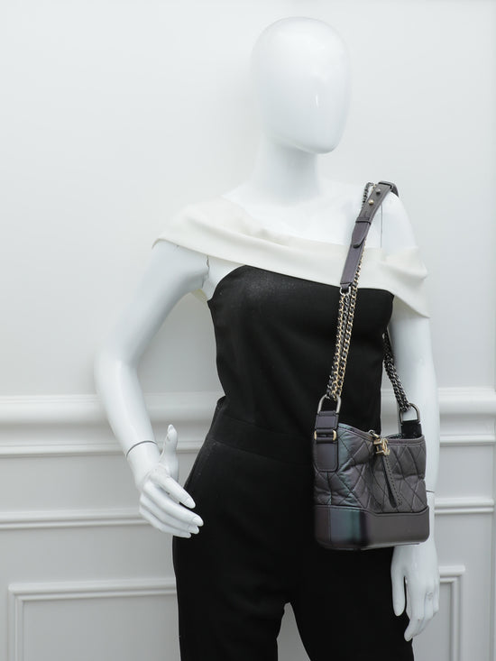CHANEL Gabrielle Metallic Crumpled Leather Hobo Shoulder Bag Black/Gol