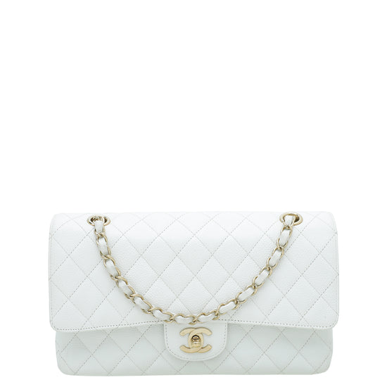 Chanel White Quilted Caviar Medium Classic Double Flap Gold